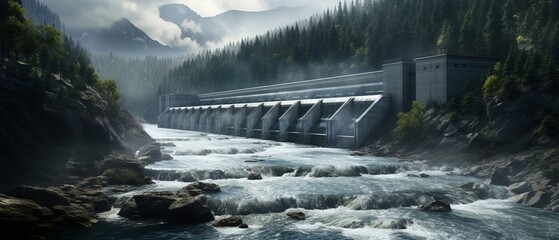 Hydroelectric Power Dam on a River in Mountainous Landscape - obrazy, fototapety, plakaty