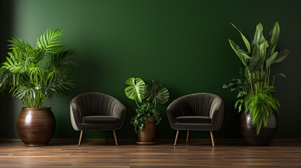 Potted plants decorate the empty living room with green leaves