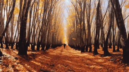 a person walking on path with trees in background