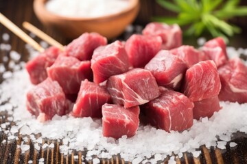 raw skewered beef cubes with a sprinkle of sea salt