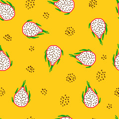 Seamless pattern with dragon fruits, yellow background. hand drawn vector illustration style for summer romantic cover, tropical wallpaper, vintage texture.