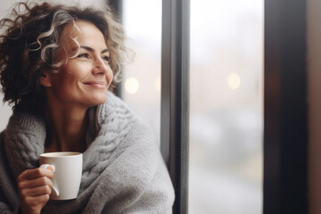 Portrait of happy middle aged woman in cozy sweater holding a cup of hot drink and looking trough the window, enjoying the winter morning at home, side view