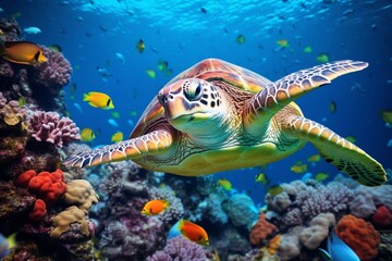 Naklejka na ściany i meble Marine Biodiversity: Turtle Amidst Colorful Ocean Wildlife