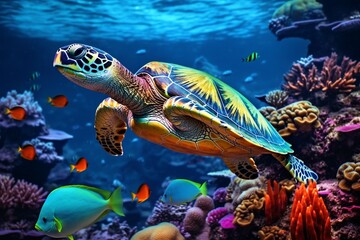 Fototapeta na wymiar Marine Biodiversity: Turtle Amidst Colorful Ocean Wildlife