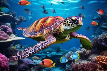 Fototapeta na wymiar Vibrant Coral Reef: Turtle and Colorful Sea Life