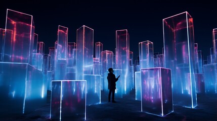 An avant-garde outdoor art installation with interactive light projections and soundscapes. - obrazy, fototapety, plakaty
