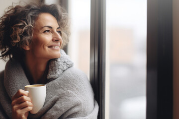 Portrait of happy middle aged woman in cozy sweater holding a cup of hot drink and looking trough the window, enjoying the winter morning at home, side view
