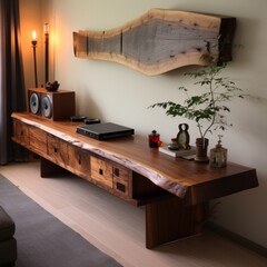 a wooden table with plant on wall