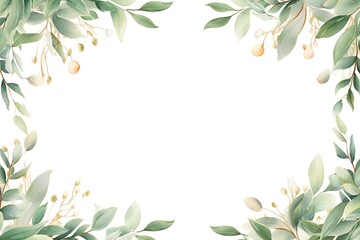 Watercolor green leaves frame. Herbal eucalyptus border. Green leaves and branches on white...
