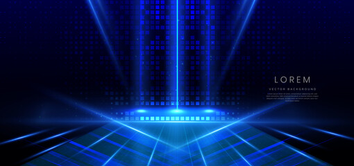 Abstract technology futuristic glowing lines neon blue light ray on dark blue background with lighting square effect.