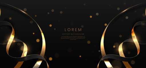 Abstract elegant black background with golden ribbon lines and lighting effect sparkle. Luxury template award design. - obrazy, fototapety, plakaty