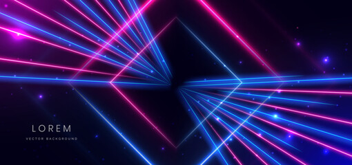 Fototapeta premium Abstract technology futuristic neon square glowing blue and pink light lines with speed motion blur effect on dark blue background.
