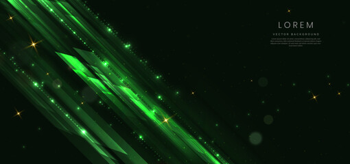 Abstract green dot lighting effect and geometric on dark green background with lighting effect and bokeh.