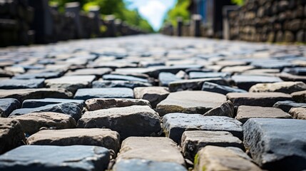 A cobblestone street with a pattern of rough. Generative AI.