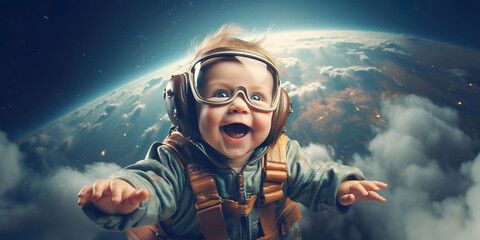 Abstract photography of the cute baby in costume of aviator. - obrazy, fototapety, plakaty