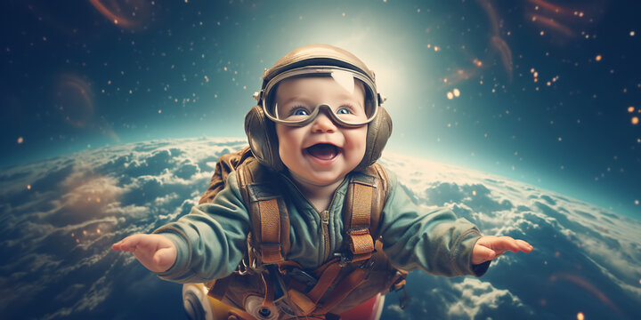 Abstract photography of the cute baby in costume of aviator.