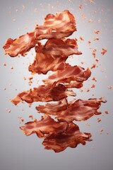 Crispy fried bacon with crunchy fly in the air on pastel background - obrazy, fototapety, plakaty