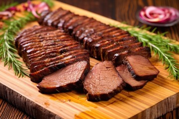 shiny bbq brisket slices on a rectangular wooden board