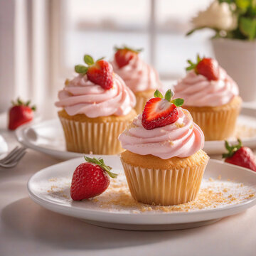close-up image capturing the exquisite details of a delightful strawberry cupcake, perfect for Valentine's Day