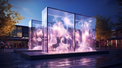 An innovative outdoor art gallery with holographic displays and interactive installations. - obrazy, fototapety, plakaty