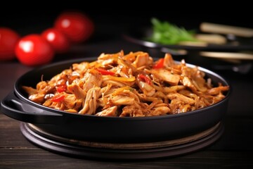 angle shot of bbq pulled chicken in a black porcelain plate