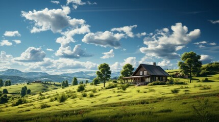 Obraz na płótnie Canvas A house sitting on top of a lush green field. Generative AI.