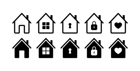 House icons. Outline, black, different houses, house with a heart, castle, keyhole. Vector icons