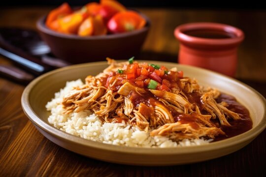 Shredded Chicken In Bourbon Bbq Sauce, Served With Rice