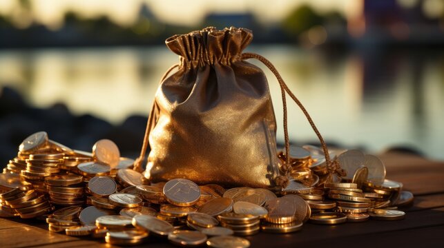 A lot of gold coins in sack bag on wooden. Generative AI.
