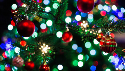A Christmas Tree Background with Red Ornaments and Glowing Lights