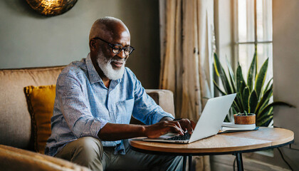 A Senior Man Works on His Laptop in his Den