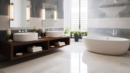Stylish marble bathroom with large oval bathtub and twin washbasins With copyspace for text