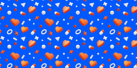 3d medical seamless pattern with heart and pill on blue color background. 3d design of medicine illustration