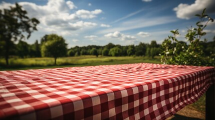 A picnic tablecloth outside in nature or garde. Generative AI.