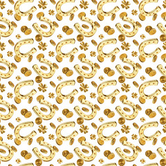 3d luck and wealth seamless pattern with golden horseshoe, coin and clover on white color background. 3d design of Patrick's Day illustration