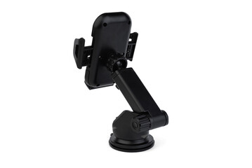 Black car phone holder isolated on white background. Rear view.