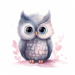 Cute little owl isolated on white background. Watercolor funny kids character. Baby shower card. Illustration for for t-shirt, print, postcard, children birthday, invitation, poster or banner