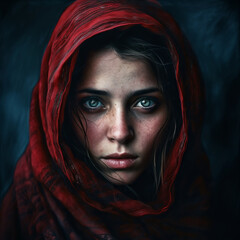 Pakistani girl with red scarf, blue eyes, mysterious, against a dark blue background