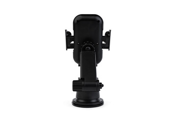 Black car phone holder isolated on white background. Rear view.
