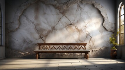 A room with a marble wall and a bench. Generative AI.