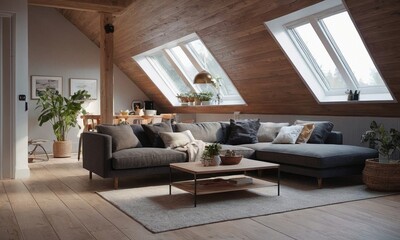 Minimalistic Scandinavian design of a cozy home. Bright interior with wood elements