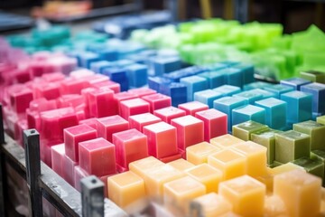 Obraz premium close-up of building blocks undergoing coloration process in factory