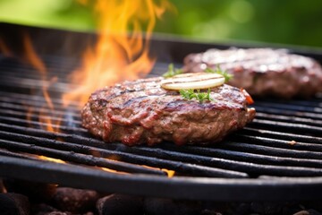 lamb burger patty being flipped on a gas grill