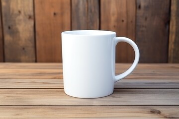 Empty blank mock up of white ceramic coffee mug on wooden table