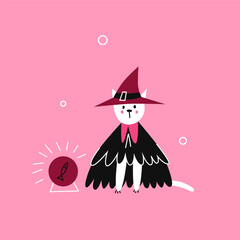 Vector illustration with cute cat in witch costume with magic crystal ball. Halloween design element.