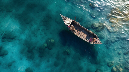 Naklejka premium Aerial view of a wooden boat in the middle of the ocean 