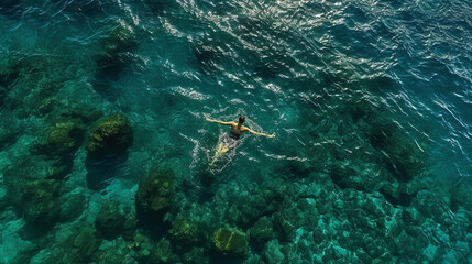 Aerial view of someone swimming alone in a huge blue sea