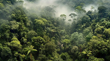 Aerial view of a wild rain forest in green tones