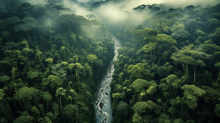 Aerial view of a wild rain forest in green tones