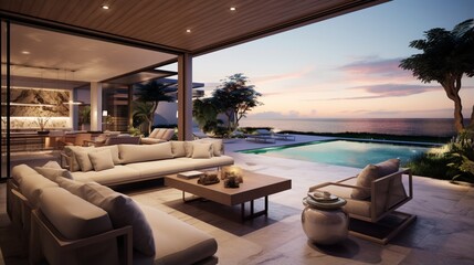 An outdoor living room with retractable glass walls and sleek, built-in seating.